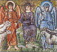 Fragment mozaiki w Sant'Apollinare Nuovo - Jezus Sdzia, oddziela owieczki od kolt